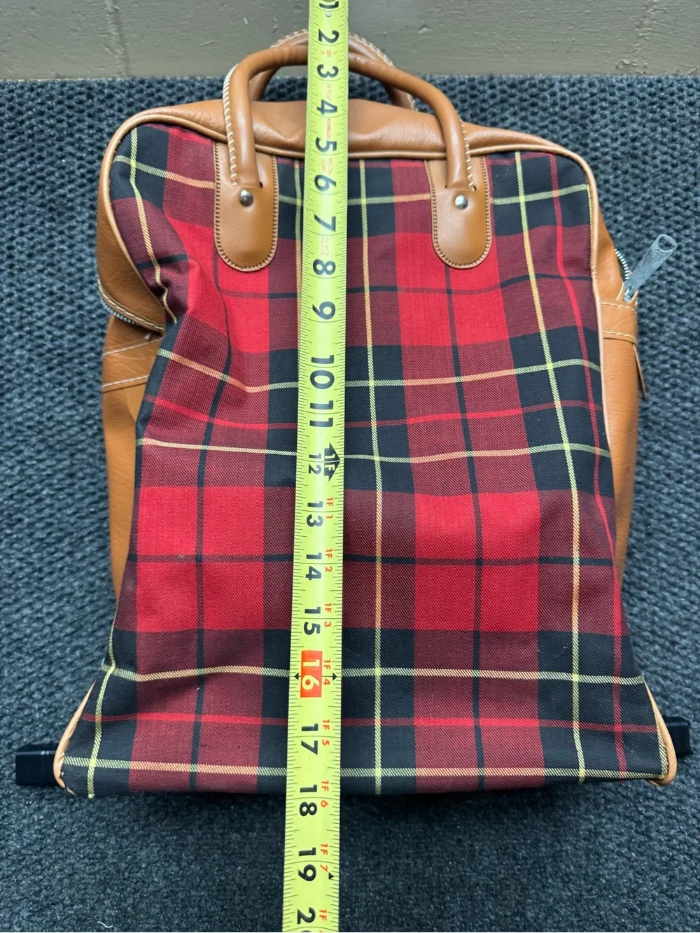 Vintage Plaid Red Canvas & Tan Leather  Bag